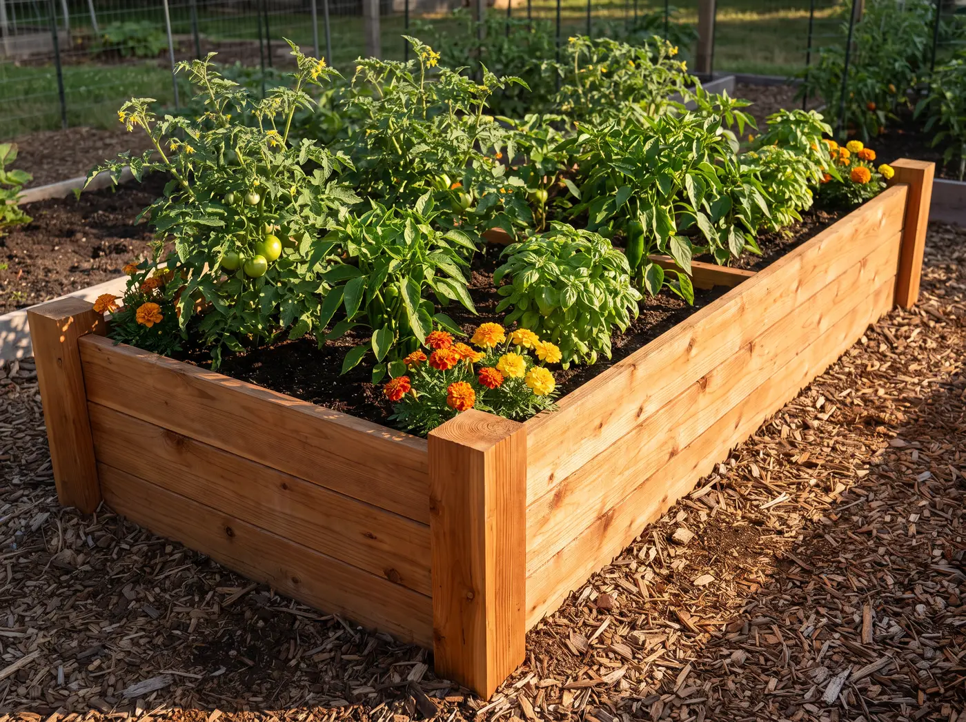 A finished raised bed built from a Build to Size plan, in a backyard setting
