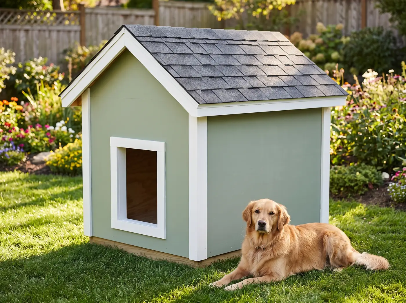 A finished dog house built from a Build to Size plan