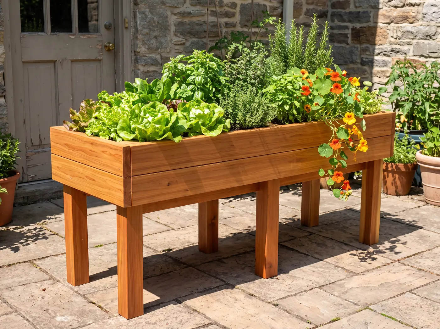 A finished elevated planter built from a Build to Size plan