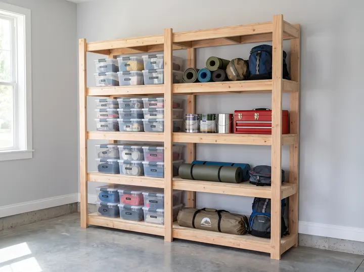 A finished set of garage shelves