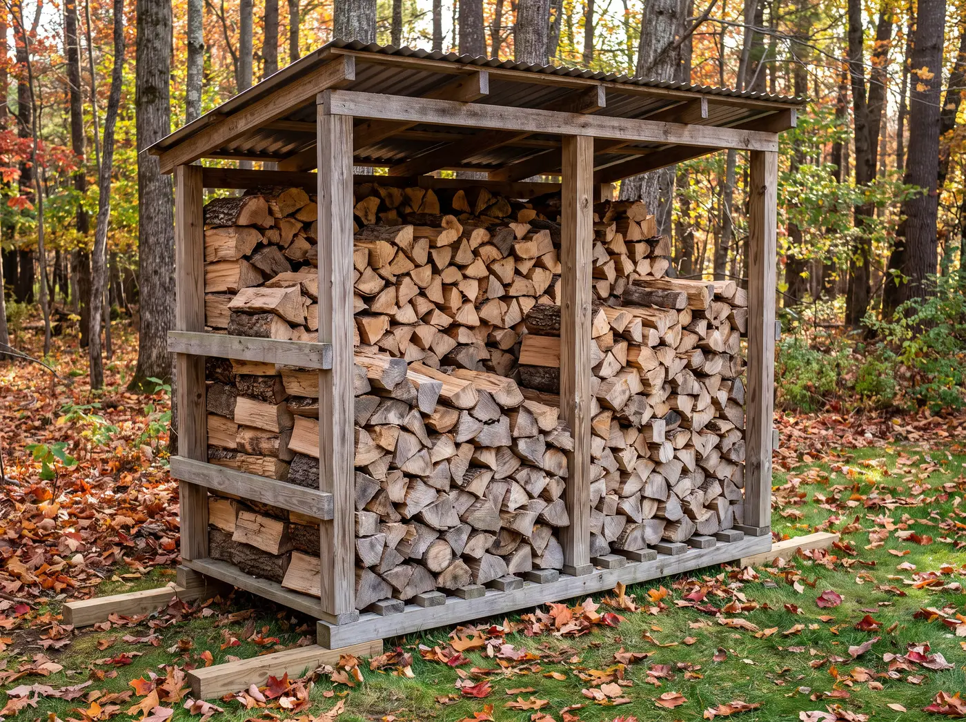 A finished firewood shed built from a Build to Size plan
